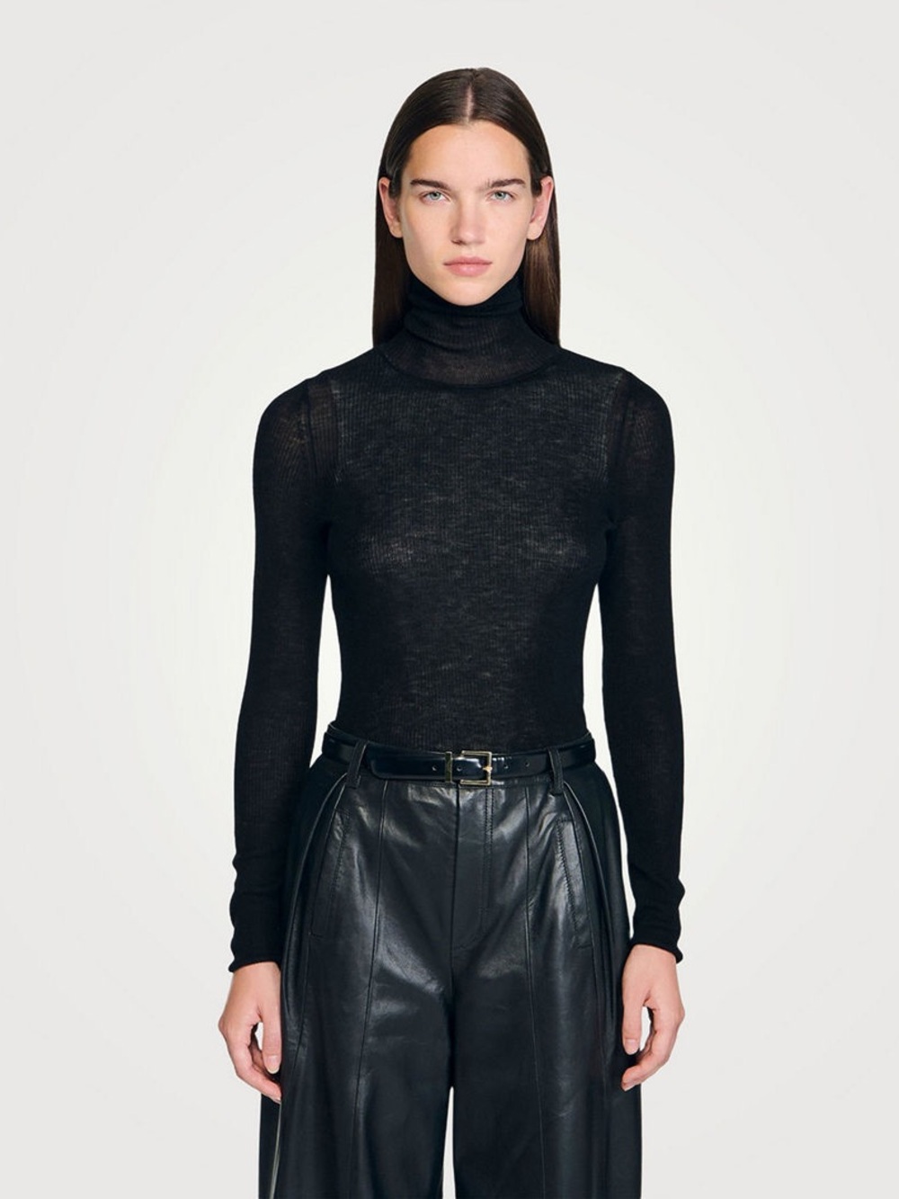 Sandro 100% Wool S Black Sheer Turtleneck Sweater